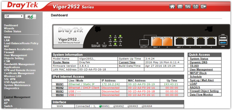 DrayTek 2952 Dashboard GUI